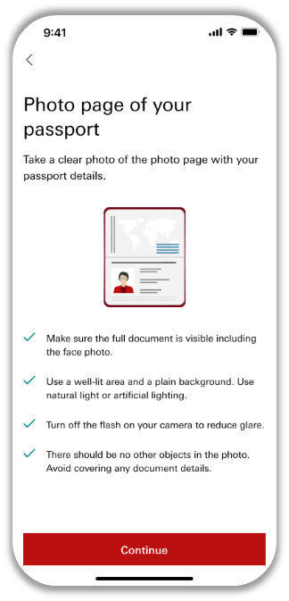 Identity verification in the HSBC mobile app showing how to photograph the passport photo page clearly