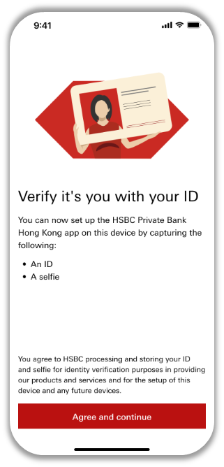 Mobile app screen prompting the user to verify their identity by uploading an ID document and a selfie, with a red ‘Agree and continue’ button at the bottom.