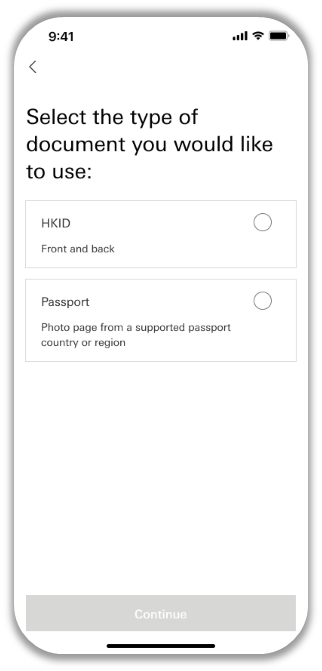 HSBC mobile app identity verification screen to choose a document: Hong Kong Identity Card (front and back) or passport photo page.