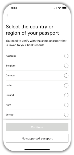 HSBC mobile app identity verification screen to select passport issuing country or region from a list.