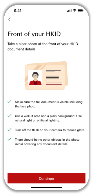 HSBC mobile app identity verification showing how to photograph the front of a Hong Kong Identity Card clearly