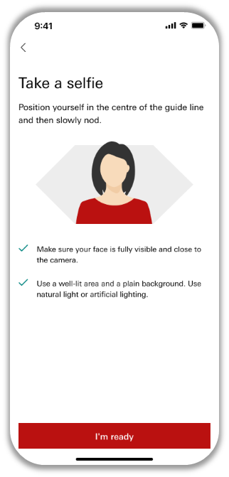 HSBC mobile app identity verification screen with instructions to take a selfie and centre your face in the frame.