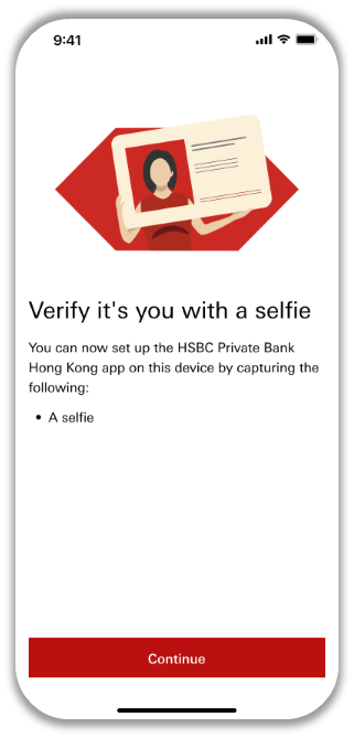 Mobile app screen prompting the user to verify their identify with a selfie, with a red ‘Continue' button at the bottom.